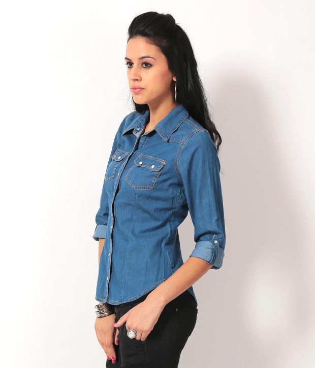 Buy Luv Valentina Blue Solids Cotton Full Regular Collar Tops Online at ...