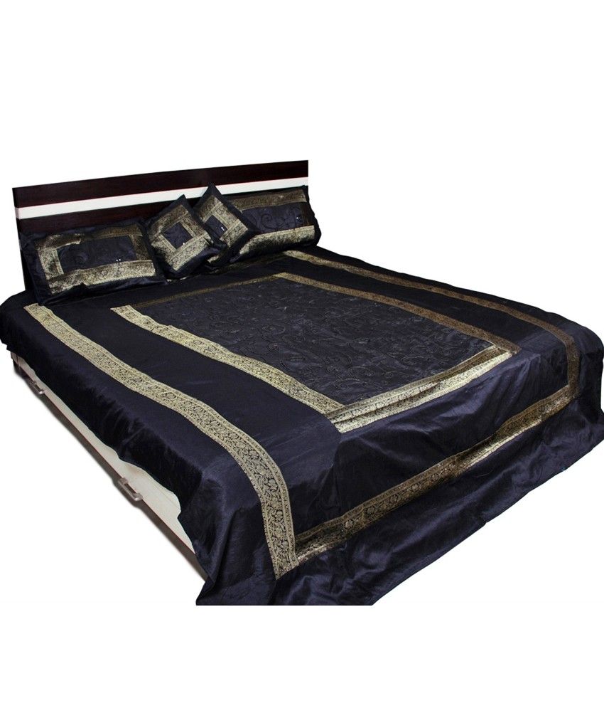 Rajasthani Sarees Navy Blue Ethnic Silk 1 Bed Sheet, 2 Pillow Covers, 2
