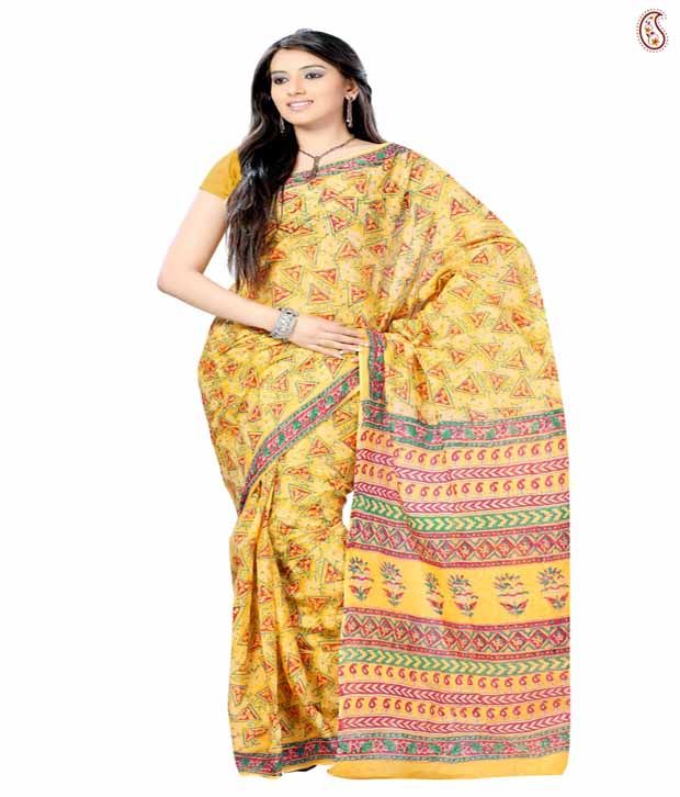 Aapno Rajasthan Yellow Cotton Saree - Buy Aapno Rajasthan Yellow Cotton ...