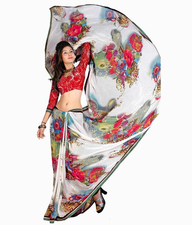 Khazana White Faux Georgette Saree - Buy Khazana White Faux Georgette ...