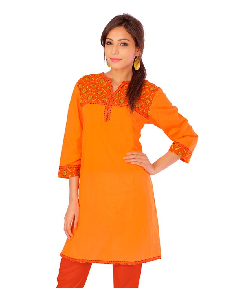 Orange Color Jaipuri Pure Cotton Ladies Designer Kurti Buy Orange