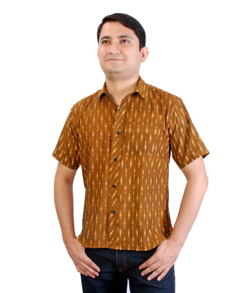     			Hand Woven Cotton Mustard Ikat Weave Shirt