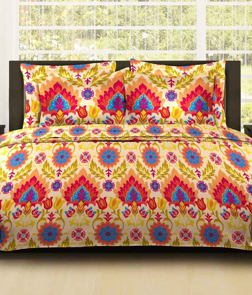 Bombay Dyeing Multi Floral Cotton Double Bedsheet With 2 Pillow Covers Tuberose Collection 7798