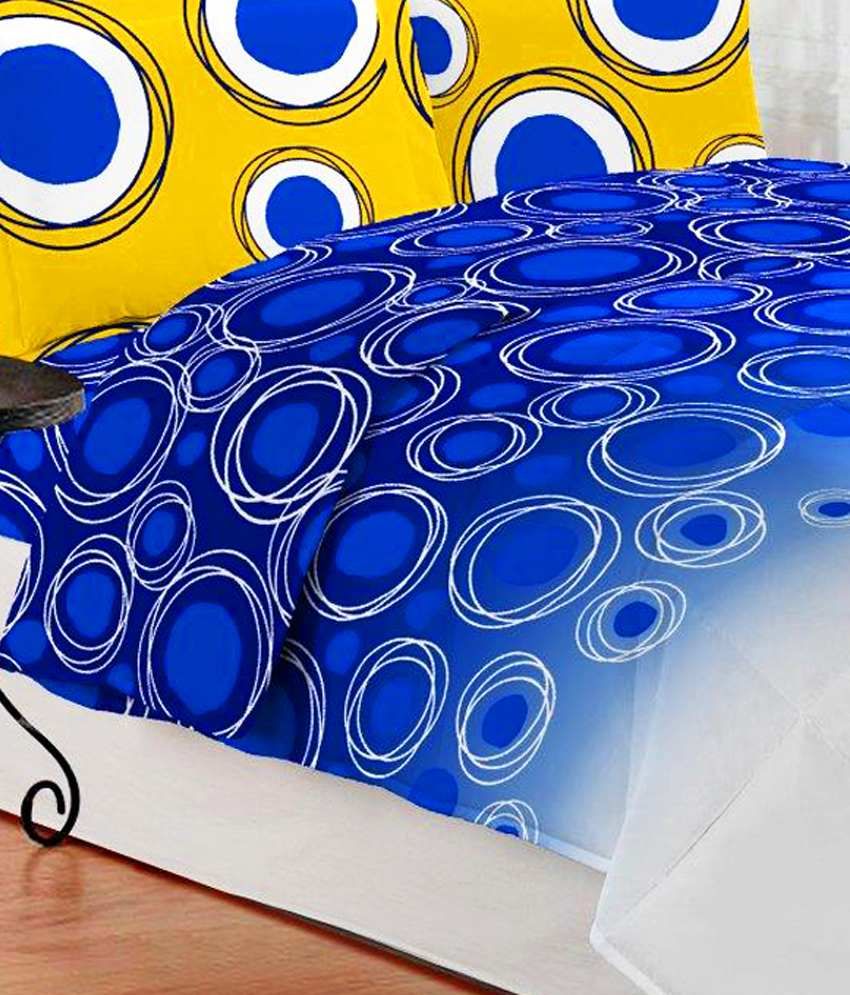 Bombay Dyeing Blue and Yellow Abstract Cotton Double Bed Sheet With 2 Pillow Covers (Zoop