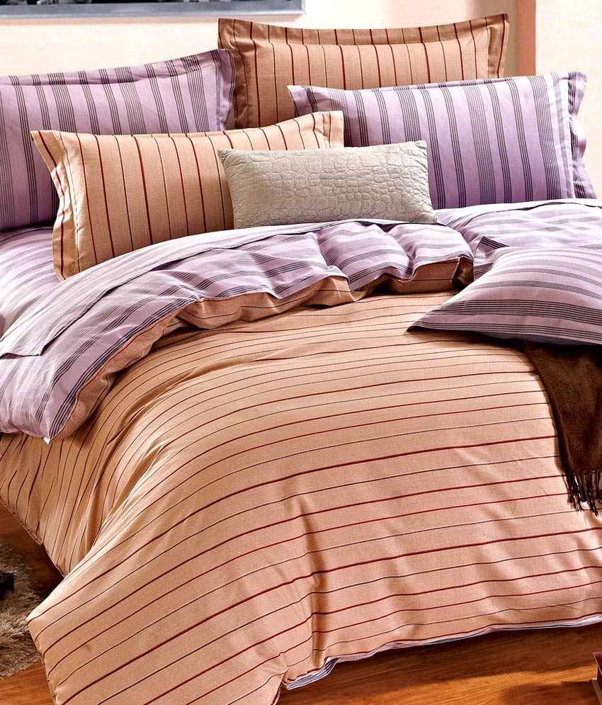 Spread Beige Stripes Cotton Double Bed Sheet With 2 Pillow Covers - Buy