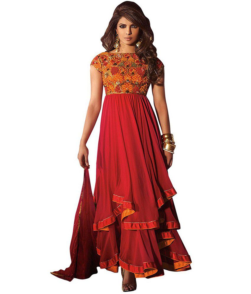 Jinaam Red Embroidered Faux Georgette Semi-Stitched Asymmetrical ...