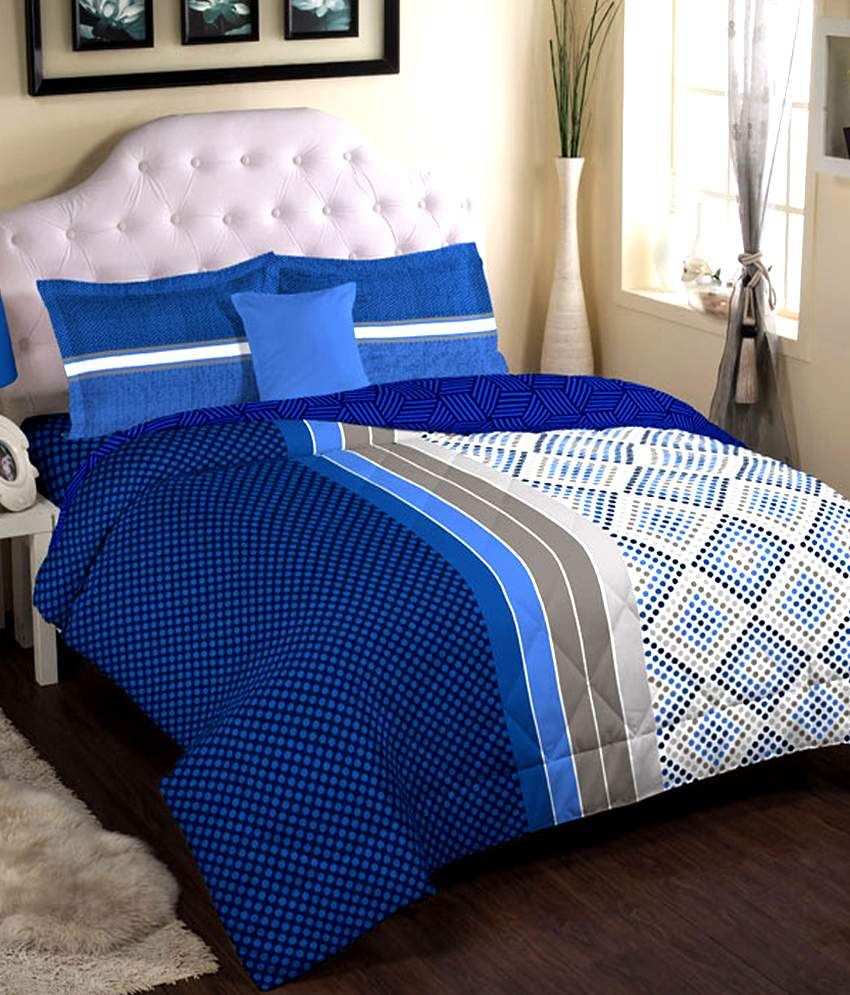 Bedbath&more White And Blue Printed Cotton Double Bedsheet With 2