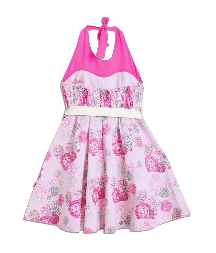 Barbie Pink Floral Cotton Dress With Haulter Neck With Knot Up At The Back And Add On Belt - Buy