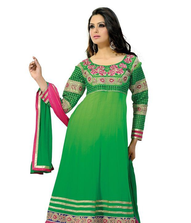 Fabdeal Green & Pink Colored Pure Georgette Embroidered Semi-stitched ...