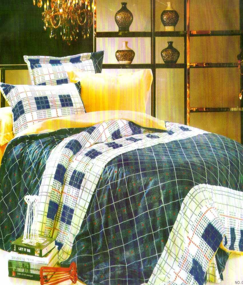 Saaz Dekor Green Checks Poly Cotton Double Bed Sheet With 2 Pillow