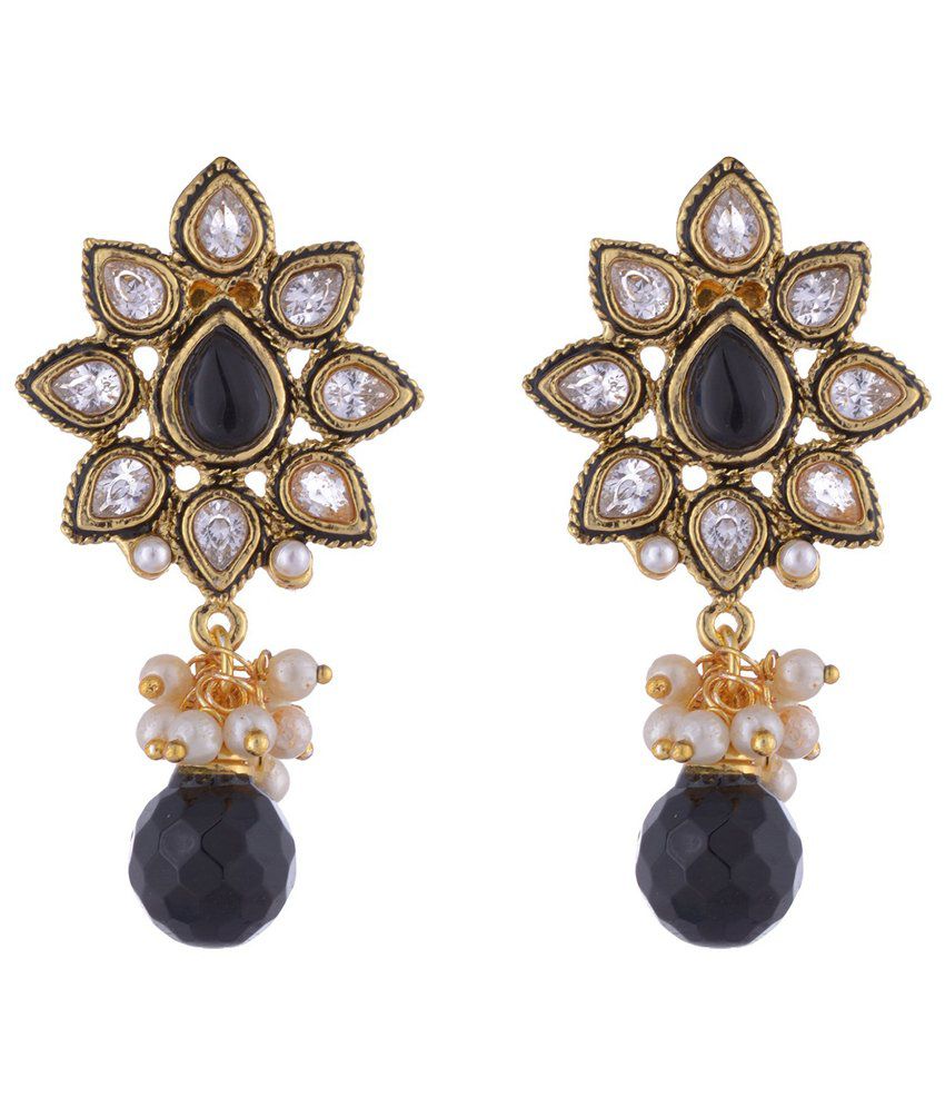     			The Jewelbox Kundan Flower Pearl Black Stone Meena Earring