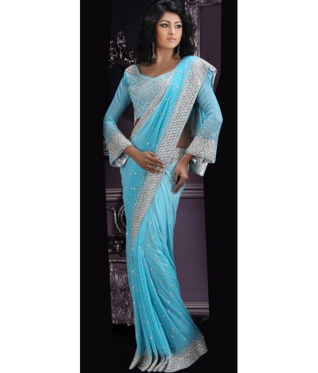 Utsav Fashion Blue Embroidered Faux Georgette Saree - Buy Utsav Fashion ...