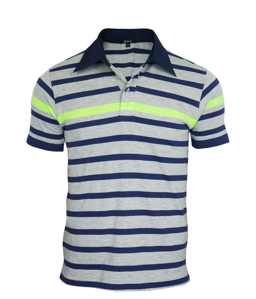 Zovi Dove Grey Melange And Navy With Neon Green Stripe Polo T-shirt