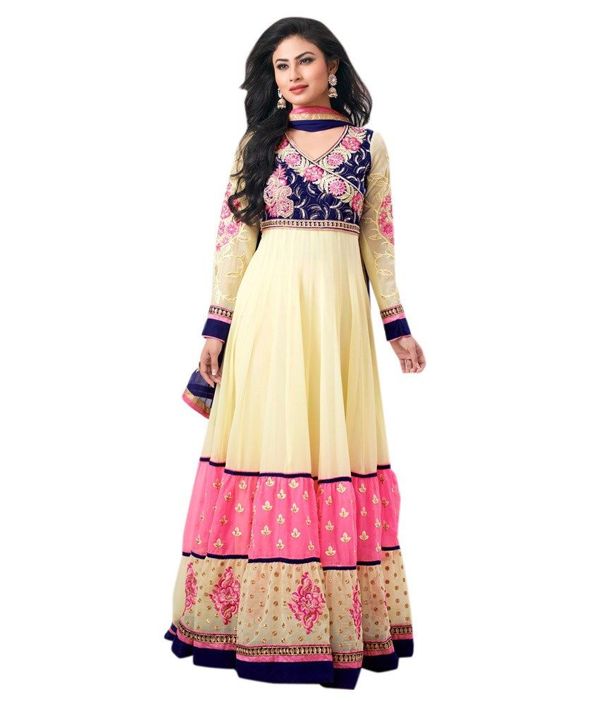 Desi Girl Off White Pure Georgette Anarkali Embroidered Dress Material Buy Desi Girl Off White