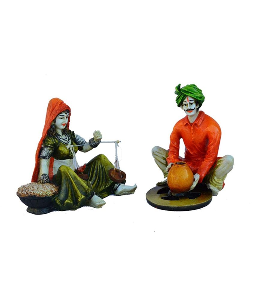     			eCraftIndia Multicolour Synthetic Fiber Rajasthani Craftsmen And Lady Statue (2 Piece)