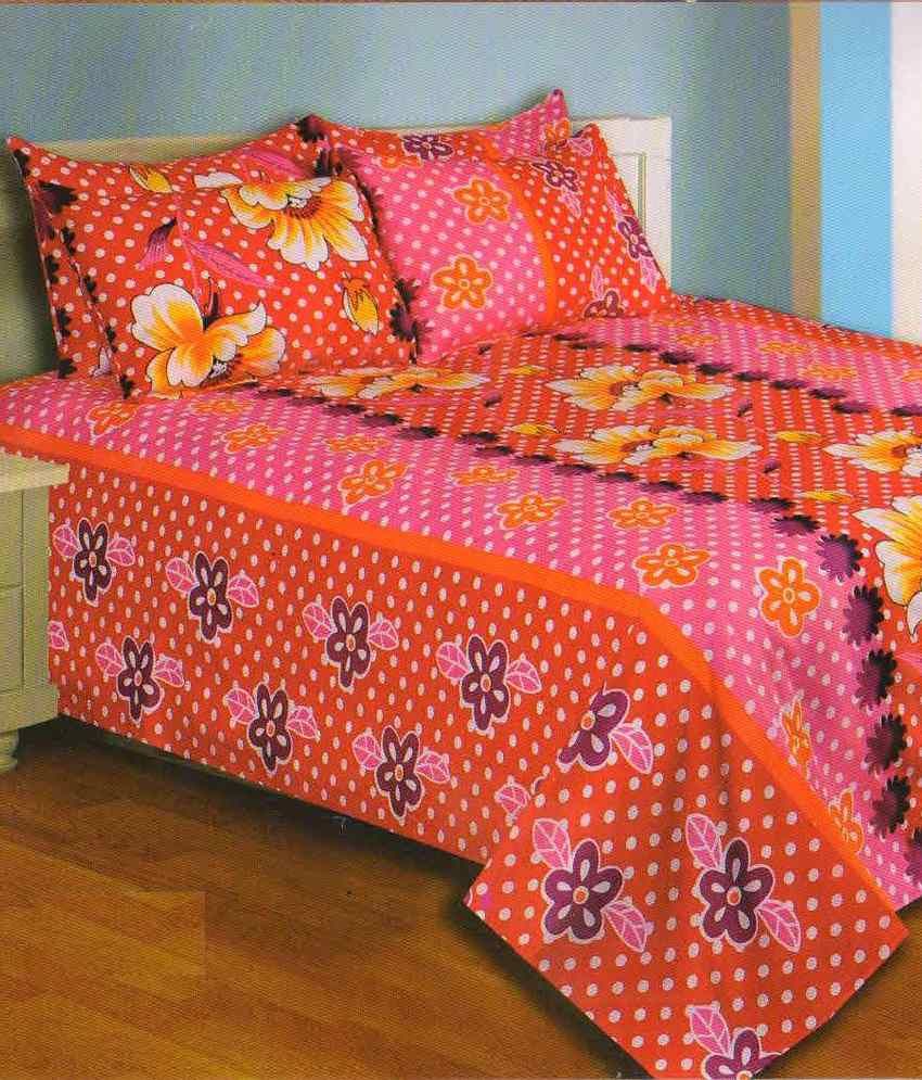 ELLIS Pink Printed Cotton Double Bedsheet With 2 Pillow Cover Buy