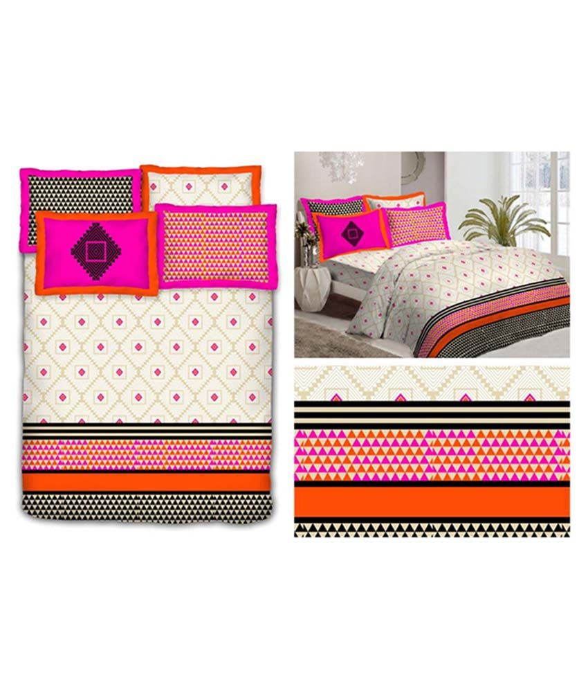 Bombay Dyeing White And Pink Printed Cotton Double Bed Sheet Designed