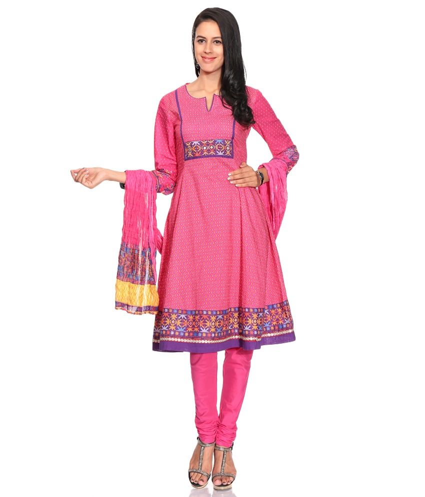 Biba Pink Printed Cotton Stitched Anarkali Salwar Suit - Buy Biba Pink ...