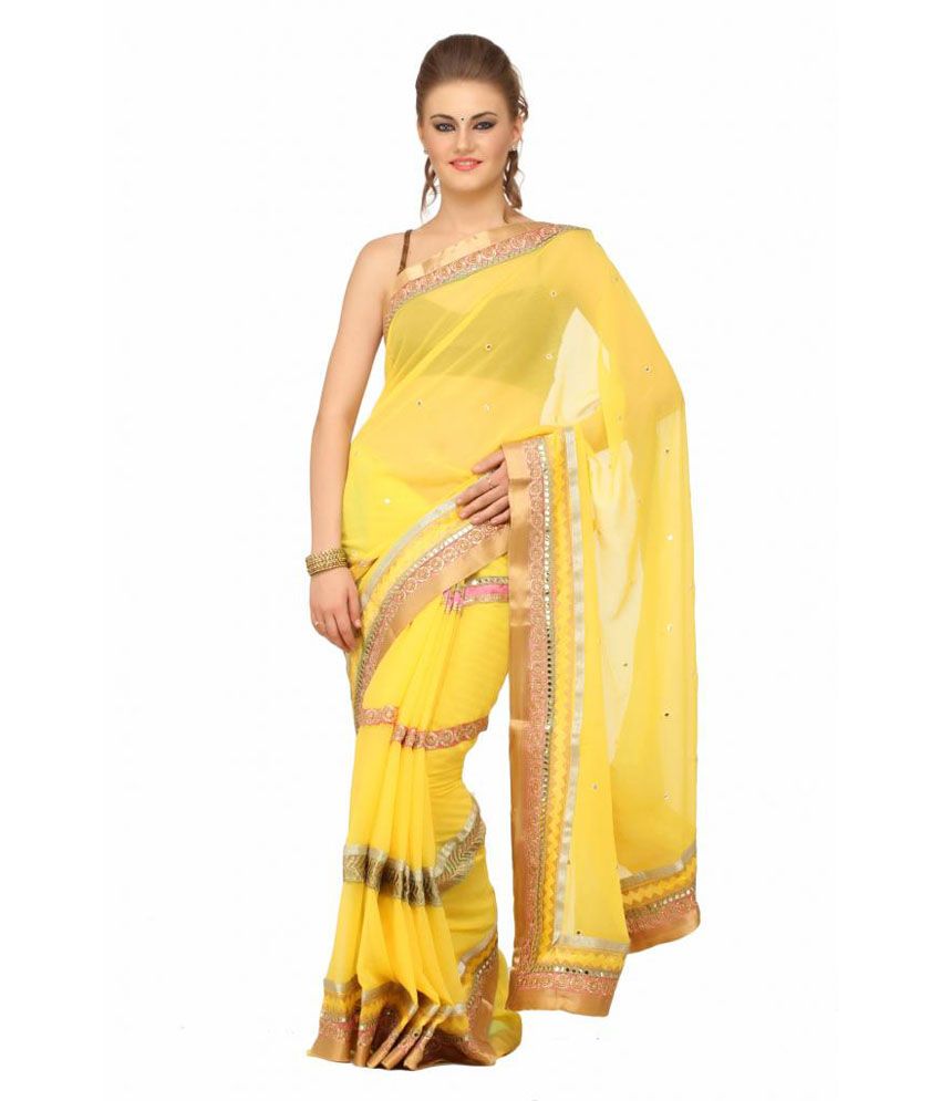 Lime Yellow and Beige Chiffon Saree Buy Lime Yellow and Beige Chiffon Saree Online at Low