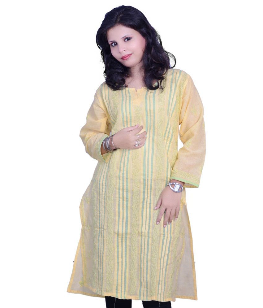 Modrich Chikan Handicrafts Yellow Handcrafted Cotton Full Sleeves Long Kurti Buy Modrich