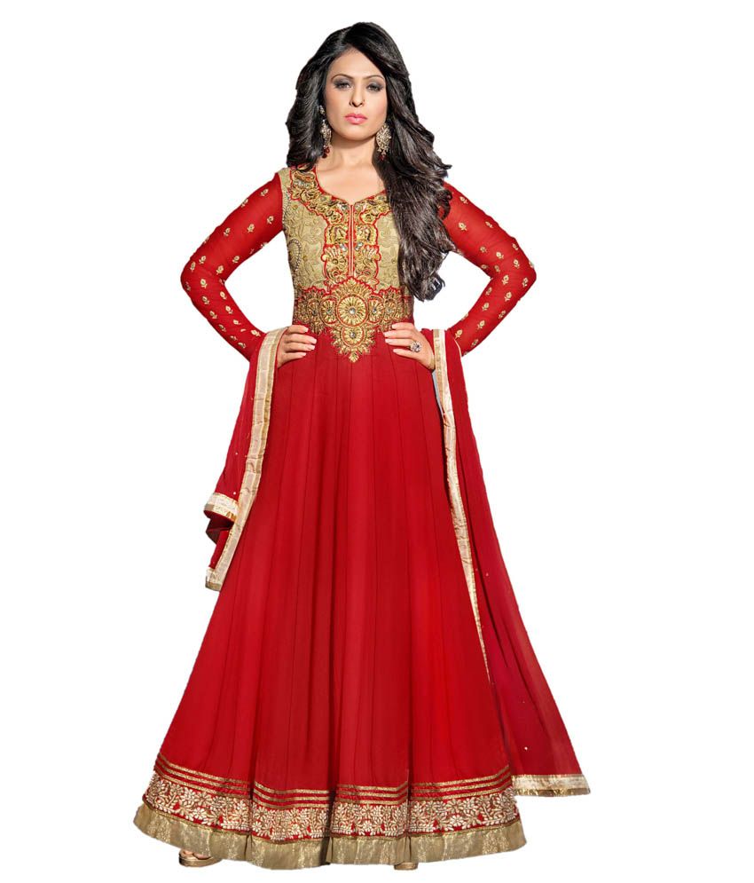 Party Wear Dresses Red Faux Embroidered Anarkali Dress