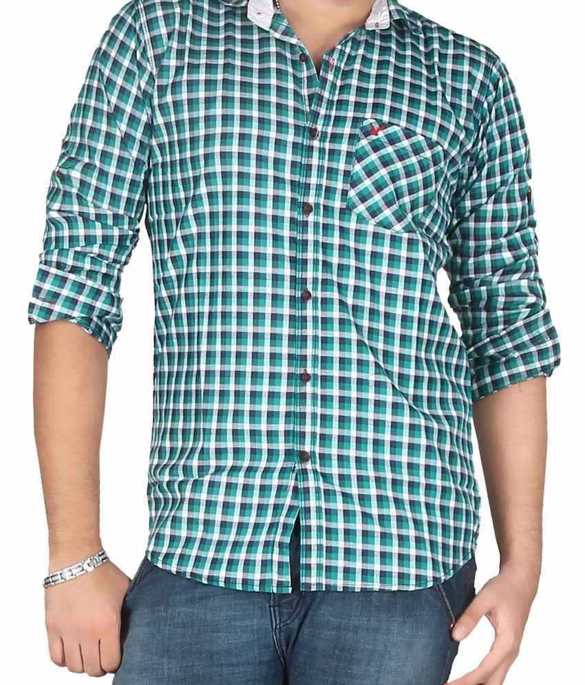 Byye Green-white Cotton Full Sleeves Casual Shirt With Checks For Men ...