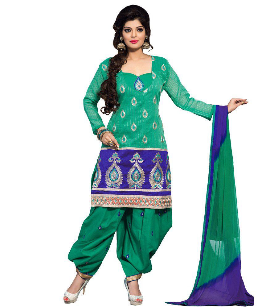 Desi Look Green Chanderi Dress Material With Dupatta - Buy Desi Look ...