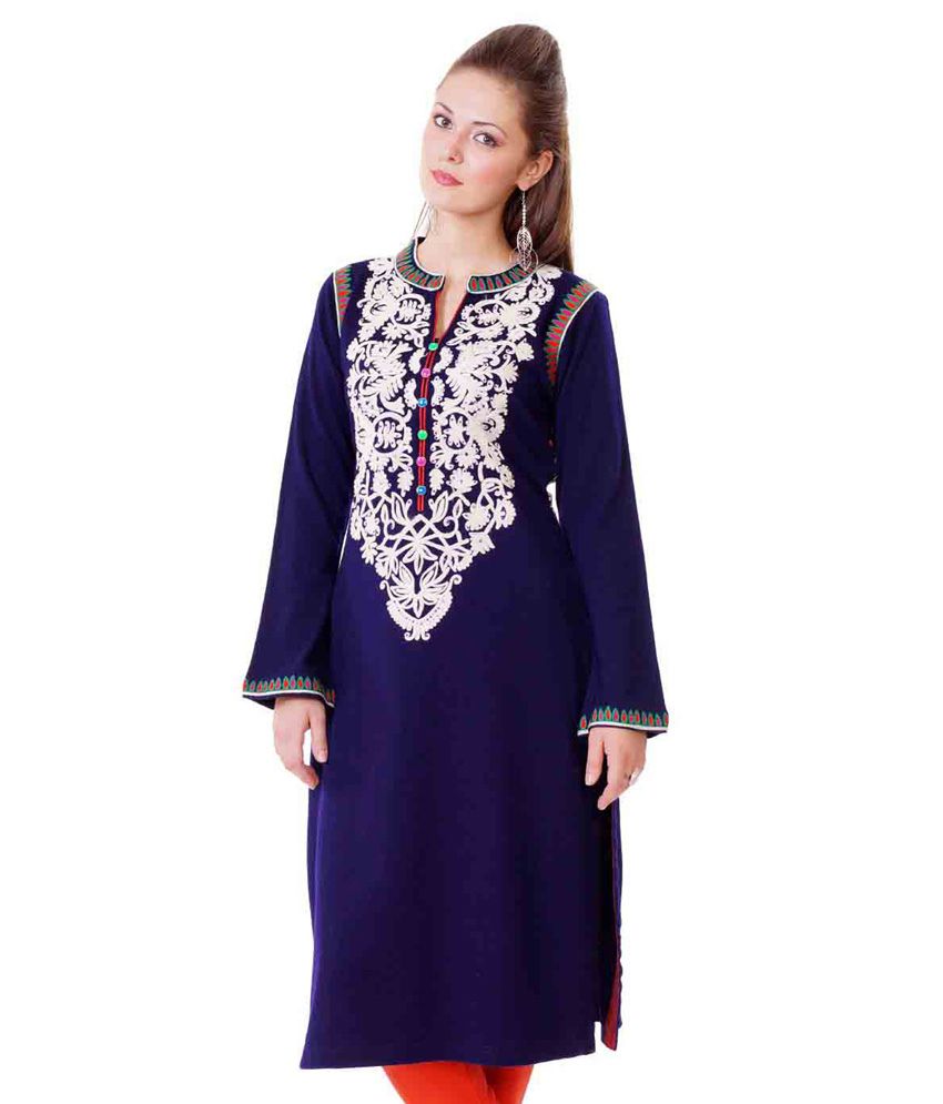 Ekaiva Navy Embroidered Woollen Full Sleeve Long Kurti Buy Ekaiva