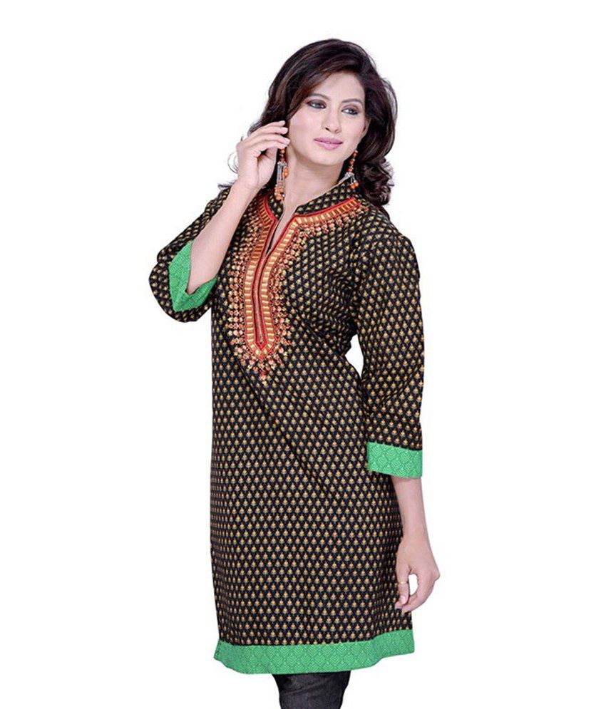 Cotton Bazaar Black Cotton 3/4th Sleeves Embroidered Kurti Buy Cotton