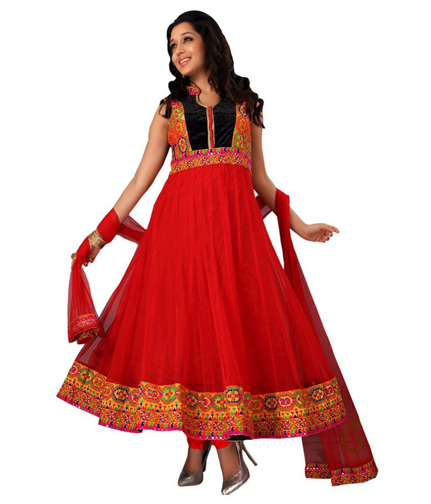 Riya Fashions Red Net Designer Partywear Anarkali Dress Materials Buy