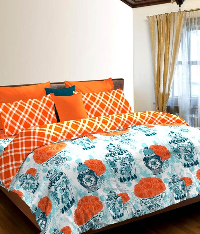 Stellar Home Orange Printed Cotton Queen Size Double Bed Sheet With 2 Pillow Covers Buy