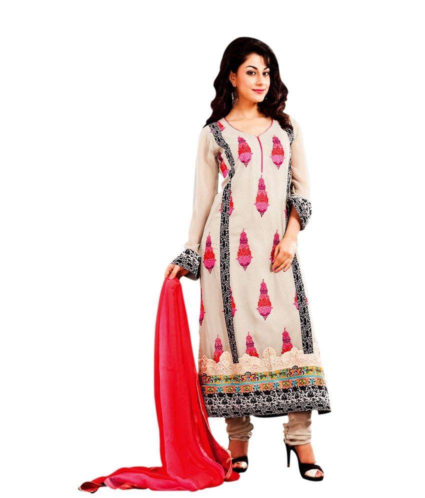 Charming Beige Printed Faux Georgette Semi-Stitched Straight Fit Dress Material - Buy Charming 