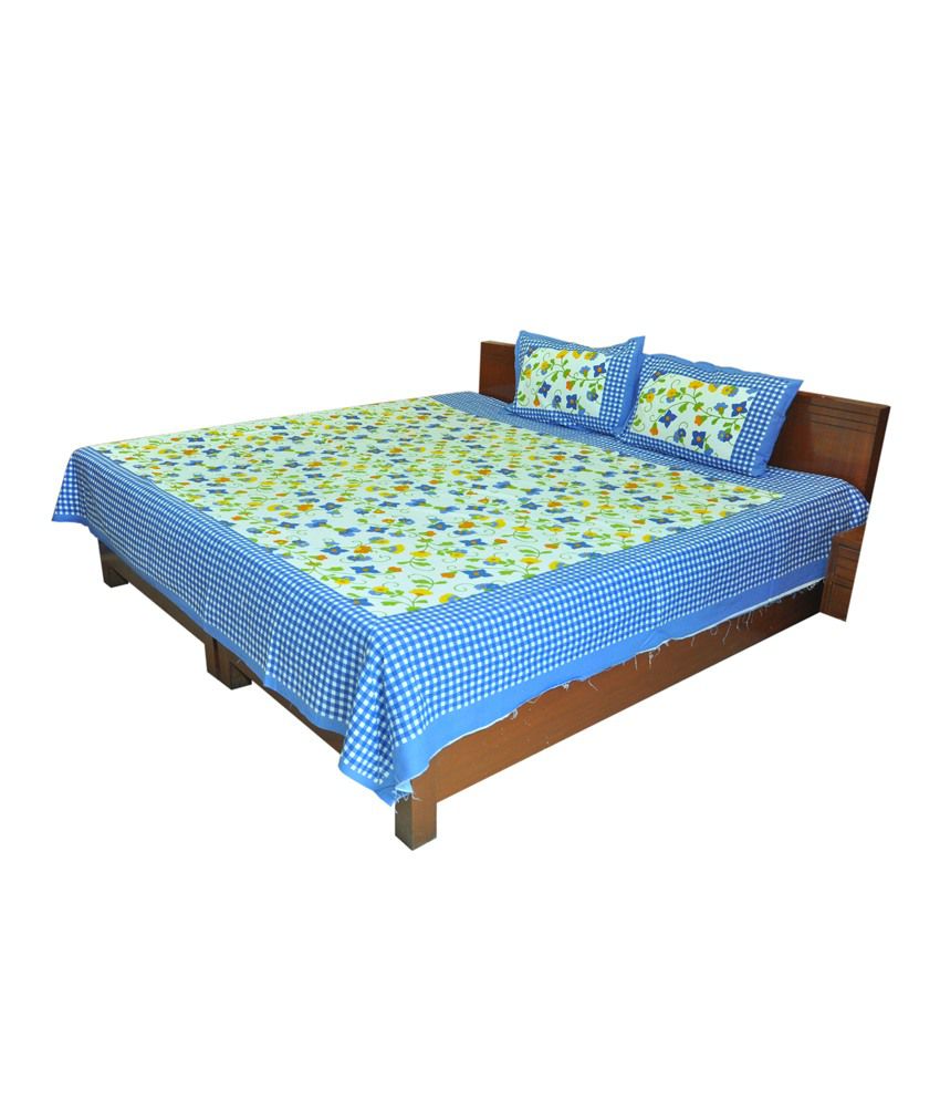     			Shopping Rajasthan Blue Jaipuri Cotton Sanganeri Printed Double Bedsheet With 2 Pillow Cover