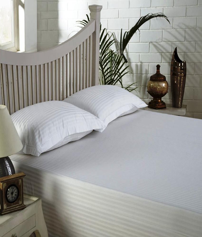 trance white stripes cotton queen size fitted bedsheet with 2