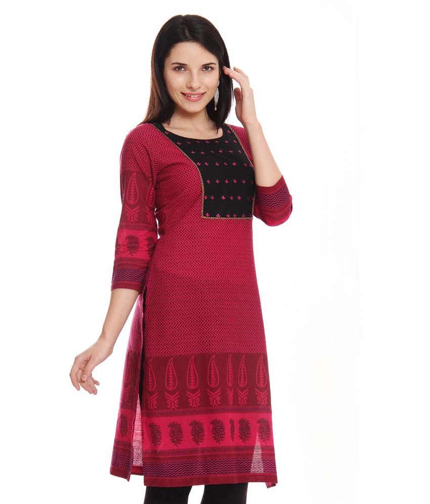 Soch Pink Printed Cotton 3/4th Sleeve Long Round Neck Kurti - Buy Soch ...