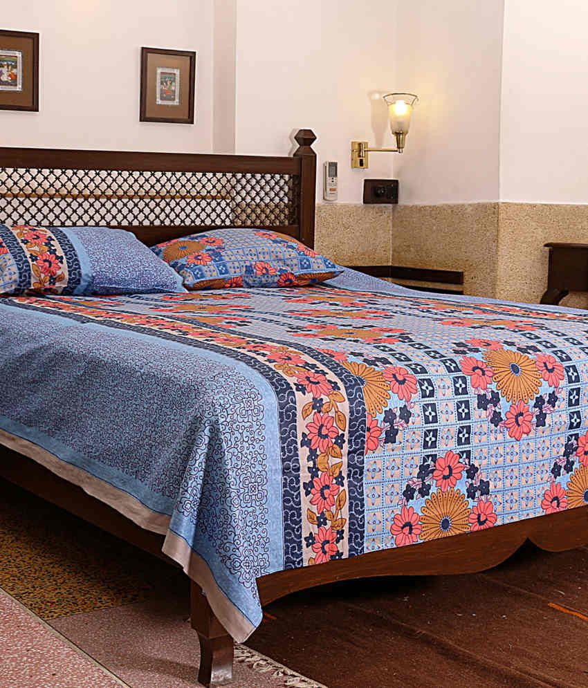 Rajasthani Sarees Blue Cotton Floral Printed Double Bed Sheet - Buy ...