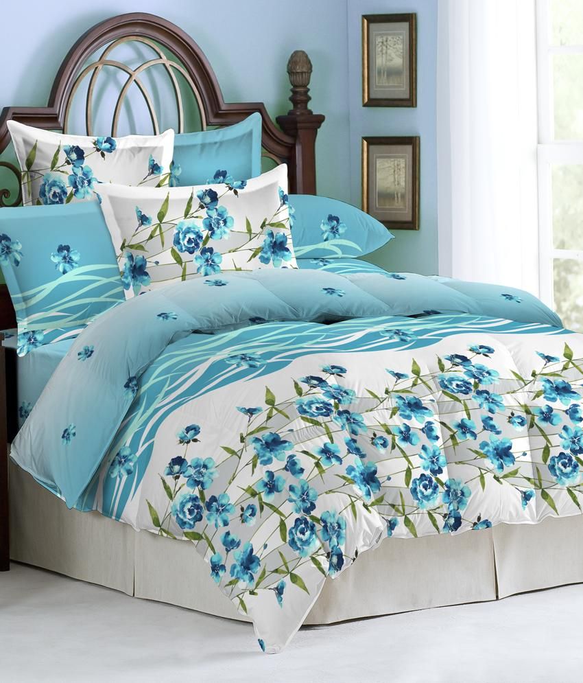 Bombay Dyeing Blue Floral Cotton Double Bed Sheet With 2 Pillow Covers