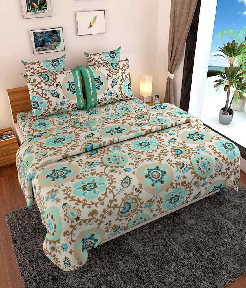 Sej By Nisha Gupta Blue & Gray Floral Cotton King Size Bed Sheet With 2