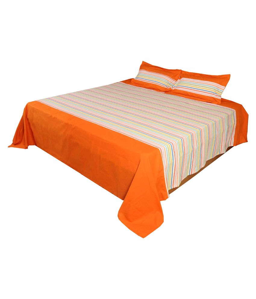 Home Colors Stripes Orange Cotton King Size Bedspread With 2 Pillow