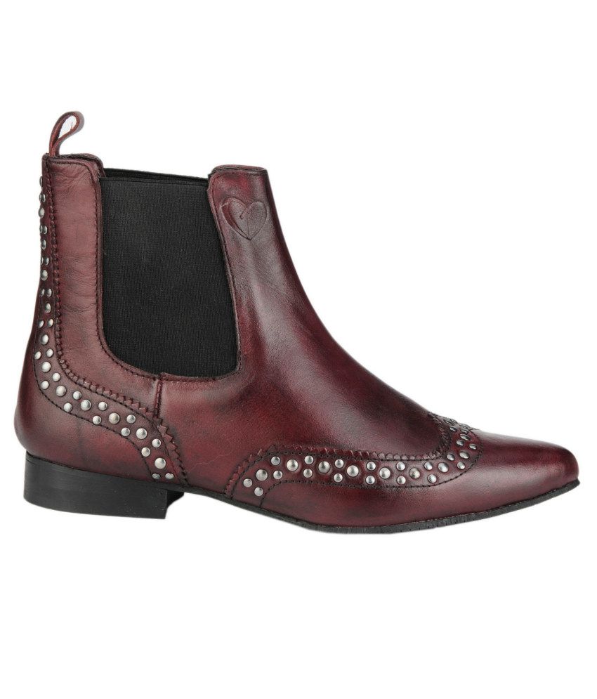 Delize Maroon Flat Leather Boots Price in India- Buy Delize Maroon Flat ...