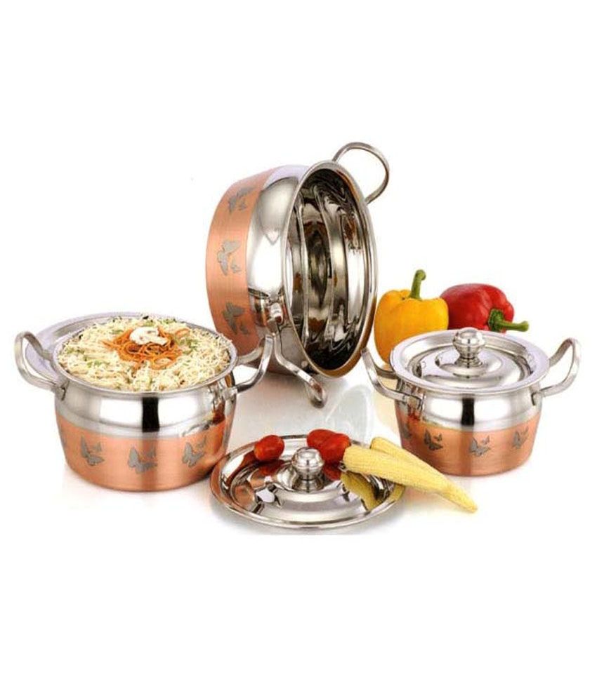 MAHAVIR 3PC STAINLESS STEEL BUTTERFLY DESIGN COPPER COOK & SERVE