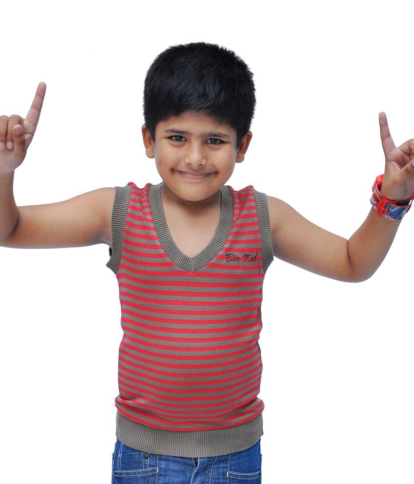 Bio Kid Pretty Boy Sweater Red / Beige Stripes Sleeve Less v Neck