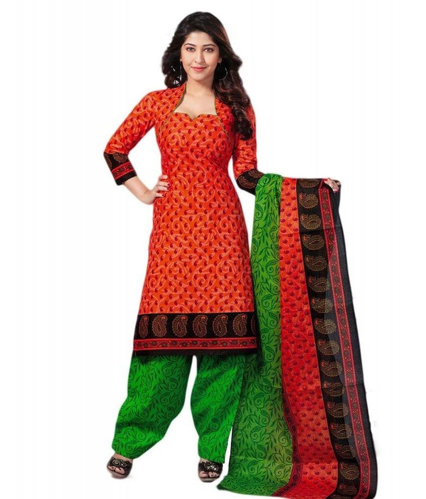 Shree Ganesh Orange Cotton Unstitched Dress Material - Buy Shree Ganesh Orange Cotton Unstitched 