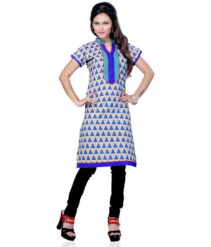 Hi Choice Blue Printed Cotton Knitted Chinese Collar Half Kurtis For