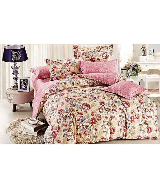 Le Reve Beige Cotton Floral Double Bedsheet With 2 Pillow Cover - Buy ...