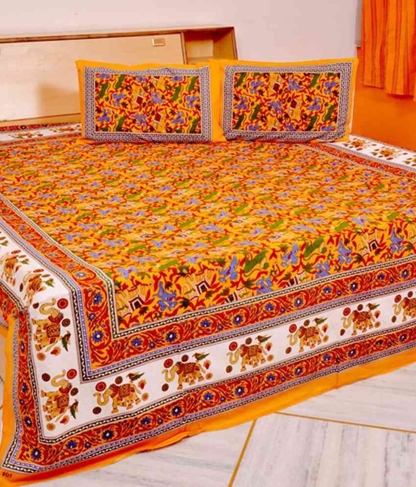 Buy JTEX RAJASTHANI JAIPURI DOUBLE BEDSHEET Yellow Cotton 1 Bedsheet