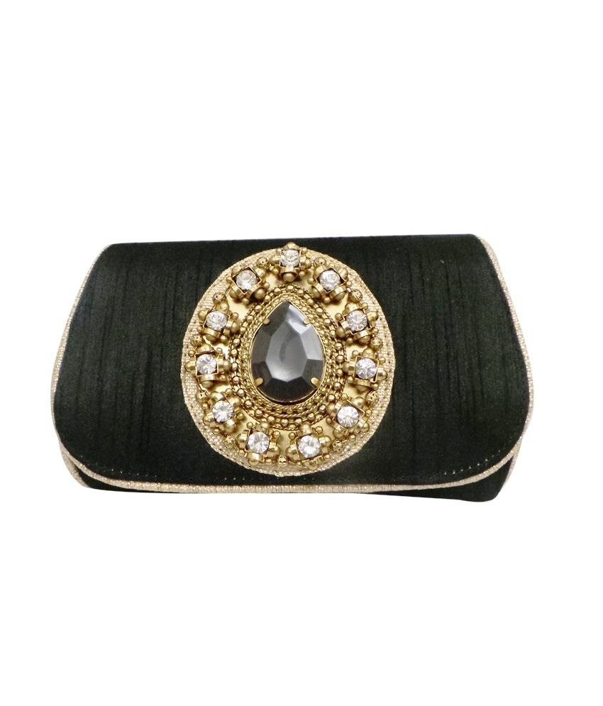 Buy Bhamini Raw Silk Box Clutch With Tilak Brass Like Brooch Black At Best Prices In India