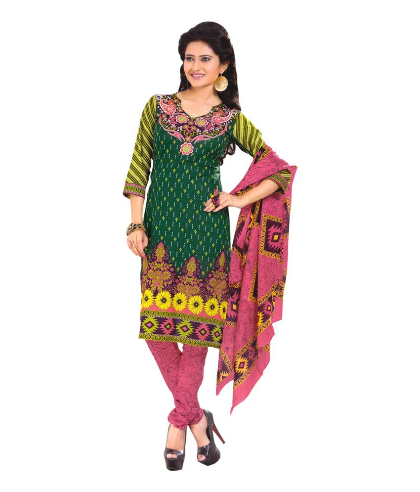Fashionx Green Cotton Unstitched Dress Material Buy