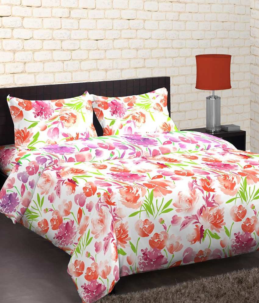 Home Expression Usa Purple Floral Poly Cotton Double Bed Sheet With 2 Pillow Covers (valance