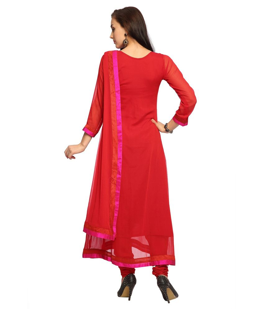 Designersareez Deep Red Chiffon Semi Stitched Anarkali Dress Material ...